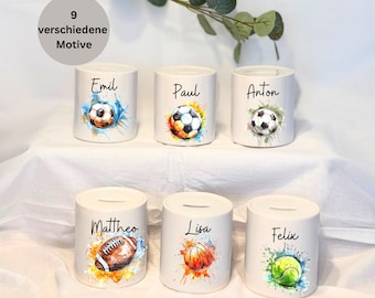 Personalisierte Spardose für Kinder | Sport Motiv | Fußball & Basketball | Sparbüchse mit Name | Geschenkidee