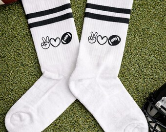 Football Socken Kinder Erwachsene – Bio Baumwolle Sport Socken Unisex–Peace Love Football Crew Socks–Farbwahl Größen 27-46–Football Geschenk