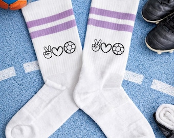 Handball Socken Kinder Erwachsene – Bio Baumwolle Sport Socken Unisex–Peace Love Handball Crew Socks–Farbwahl Größen 27-46–Handball Geschenk