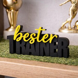 Op de afbeelding: Een zwart houten bord met de woorden "bester TRAINER" in geel en zwart. Het bord staat op een bed van groen kunstgras. Een voetbal en gouden trofee&euml;n staan op de achtergrond.