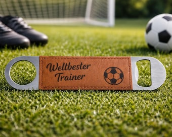 Personalisierter Flaschenöffner Trainer / Trainerin Geschenk Coach – Leder Bieröffner Edelstahl – Fußball Trainer Geschenk personalisiert