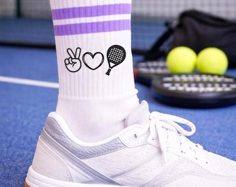Padel Socken Kinder Erwachsene – Bio Baumwolle Sport Socken Unisex–Peace Love Padel Crew Socks Größen 27-46– Padel Geschenk