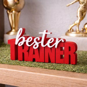 Op de afbeelding: Een rood houten bord met de woorden "bester TRAINER" in wit en rood. Het bord staat op een groen oppervlak, met een voetbal en gouden trofee&euml;n op de achtergrond. Het bord is een decoratief item.