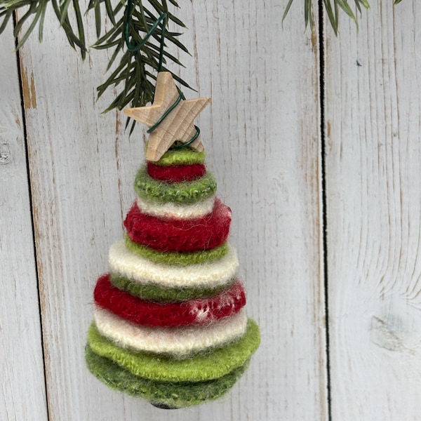 Ornament - Tree - Green, Red & White - Upcycled Sweater Fabric - Complete with Hanger