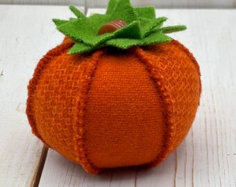 Pincushion - Heirloom Tomato  -Orange Wool - Green Leaves - Celluloid Button - Small
