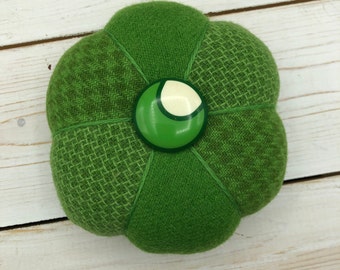 Pincushion - Felted Wool - Green  - Vintage  Celluloid Button - 4 Inches