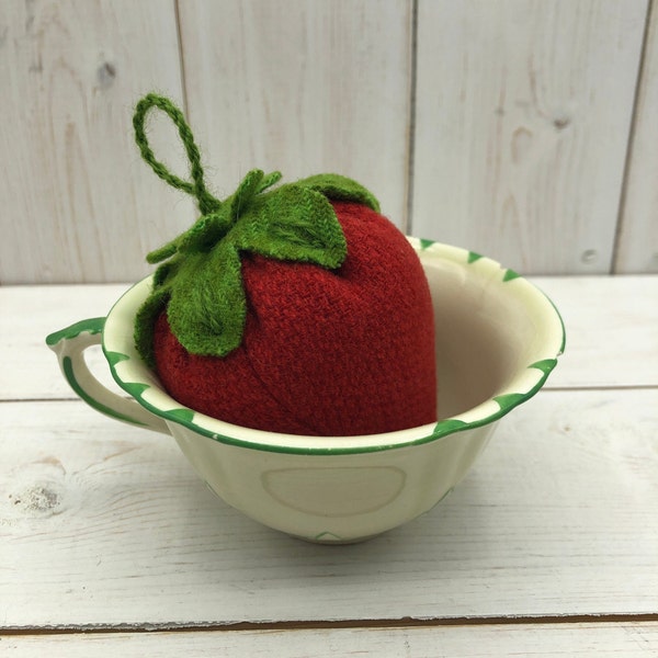 Pincushion - Strawberry  - Red  Felted Wool - SMALL