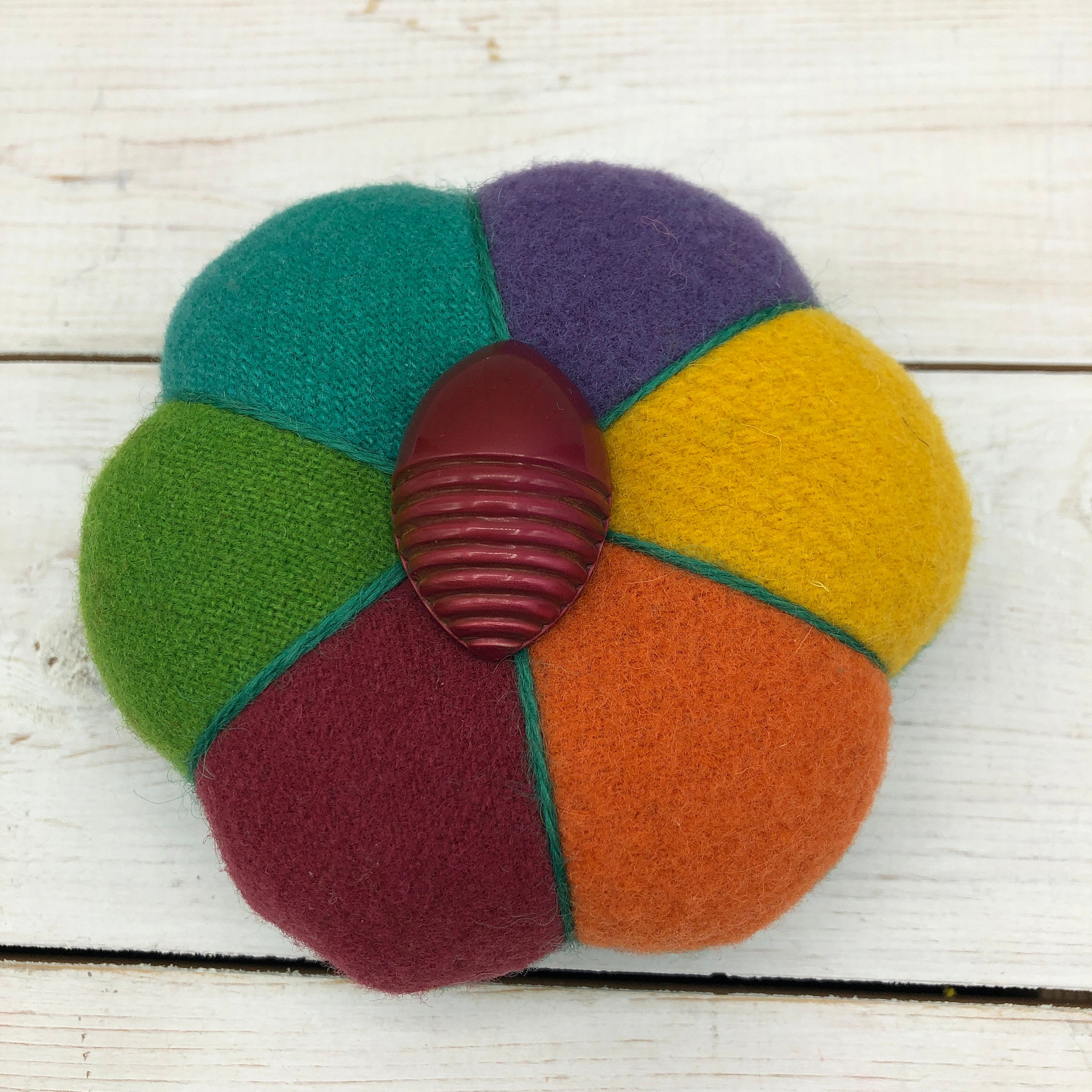 Pincushion Felted Wool Rainbow Vintage Celluloid Button Etsy