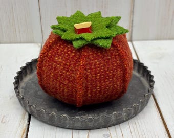 Pincushion - Heirloom Tomato  - Red Orange Wool - Green Leaves - Bakelite Button - Small