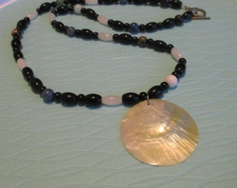 Long, Semi-Precious Stone Necklace and Large Mother of Pearl Pendant