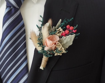 Blush Pink Dried Flower Boutonniere/ Preserved Rose Groom Boutonniere with Greenery