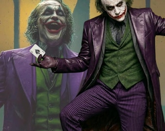 Purple Clown Leather Trench Coat, Movie Inspired Villain Cosplay Jacket, Men Halloween Costume Coat, Handmade Long Coat, Comic Joker Outfit