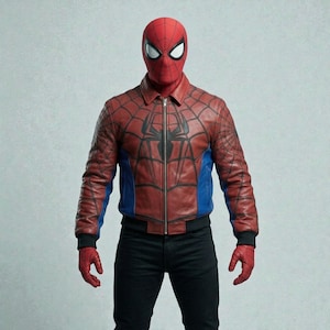 May include: A red and blue leather jacket with a black spider web design and a black spider emblem on the chest. The jacket has a zipper closure and is paired with black pants and red gloves. The person is wearing a red Spider-Man mask.