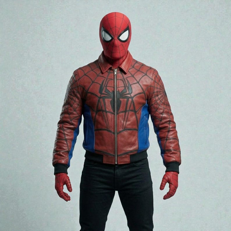 May include: A red and blue leather jacket with a black spider web design and a black spider emblem on the chest. The jacket has a zipper closure and is paired with black pants and red gloves. The person is wearing a red Spider-Man mask.