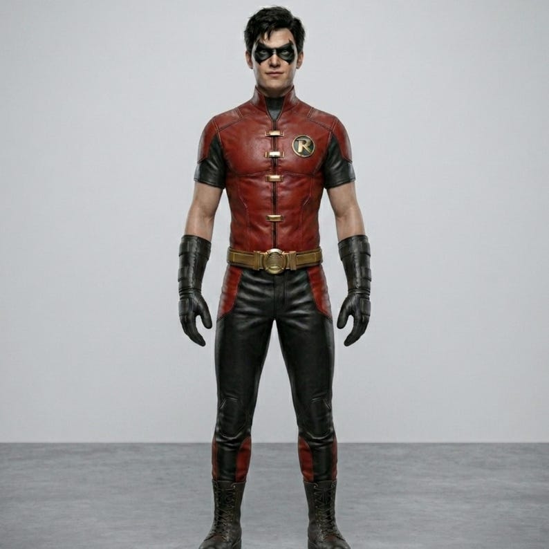 May include: A red and black costume with a gold belt buckle and the letter "R" on the chest. The costume includes a mask, gloves, and boots. The outfit is a superhero costume.