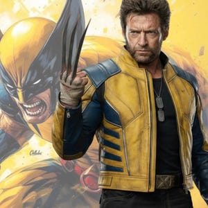 May include: A yellow and blue leather jacket with a black shirt and dog tags. The jacket has a zipper and a belt with a metal buckle. A comic book illustration of Wolverine is in the background.