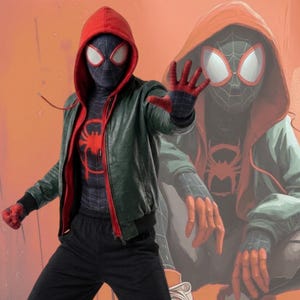 以下が含まれることがあります： 黒と赤のスパイダーマンのコスチューム。赤いフード付きジャケットを着ています。スーツはクモの巣のデザインで、赤いクモのエンブレムが付いています。ジャケットは緑色で赤い裏地があり、キャラクターは黒いズボンを履いています。