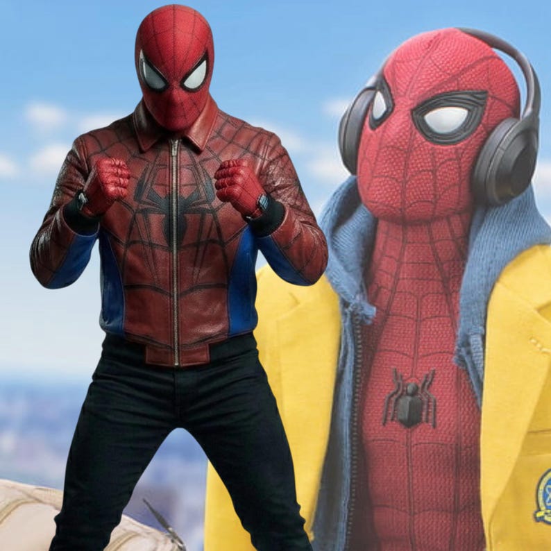 May include: Two Spider-Man figures are shown. One is wearing a red and blue leather jacket, black pants, and a red mask. The other figure is wearing a yellow jacket, blue hoodie, and headphones, with a red mask.