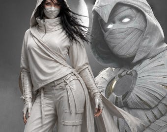 Movie inspired Women White leather Costume, Knight Hooded Cloak Outfit, Moon Superhero Fantasy Warrior Dress, Comic Con Halloween Cosplay