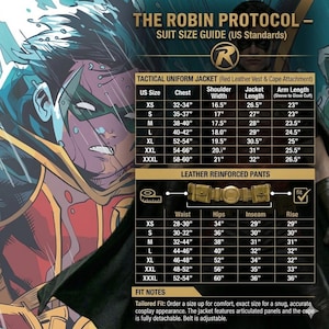 May include: Suit size guide for "The Robin Protocol" tactical uniform jacket and leather reinforced pants. Includes chest, shoulder width, jacket length, and arm length measurements in inches. Also includes waist, hips, inseam, and rise measurements in inches.