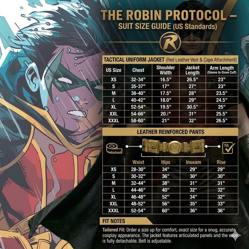May include: Suit size guide for "The Robin Protocol" tactical uniform jacket and leather reinforced pants. Includes chest, shoulder width, jacket length, and arm length measurements in inches. Also includes waist, hips, inseam, and rise measurements in inches.