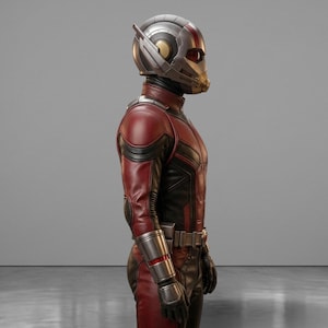 May include: A side view of a red and black superhero costume. The costume includes a helmet with a silver and gold design, a red and black leather-like suit, and silver wrist cuffs. The overall design is sleek and futuristic.