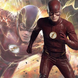 May include: A dark red superhero costume featuring a matching cowl with lightning bolt ear accents, a circular chest emblem with a yellow lightning bolt, and textured fabric details. The suit is shown in a dynamic pose with motion effects.