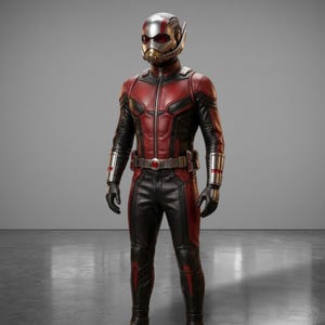 May include: A full-body shot of an Ant-Man costume. The suit is primarily black with red accents on the chest and legs. The helmet is silver and gold with a visor. The costume includes a belt and gloves.