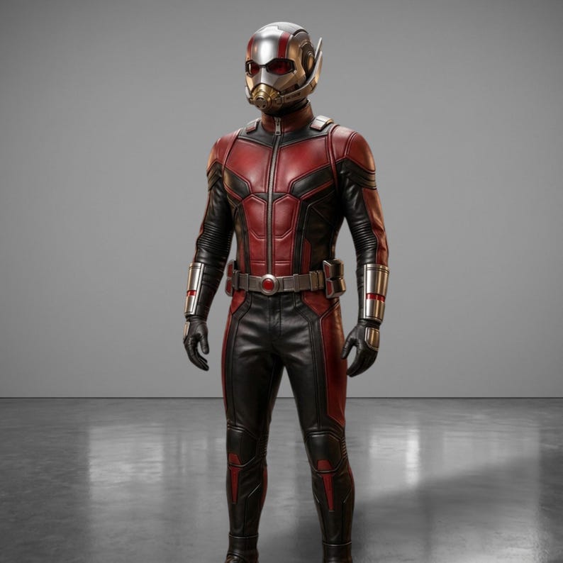 May include: A full-body shot of an Ant-Man costume. The suit is primarily black with red accents on the chest and legs. The helmet is silver and gold with a visor. The costume includes a belt and gloves.