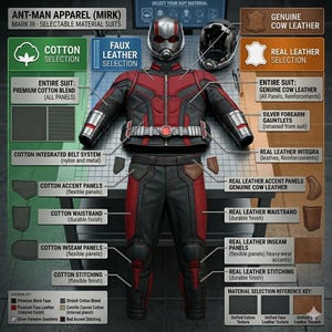 May include: An Ant-Man Mark III suit diagram. The suit is red and black with silver accents, and a helmet. The diagram details cotton and faux leather options, including panels, waistbands, and stitching. Genuine cow leather is also an option.