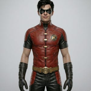 May include: A red and black superhero costume with a gold belt buckle and a circular emblem with the letter "R". The costume includes a short-sleeved jacket, gloves, and a mask.