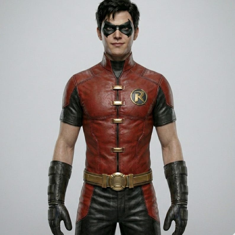May include: A red and black superhero costume with a gold belt buckle and a circular emblem with the letter "R". The costume includes a short-sleeved jacket, gloves, and a mask.