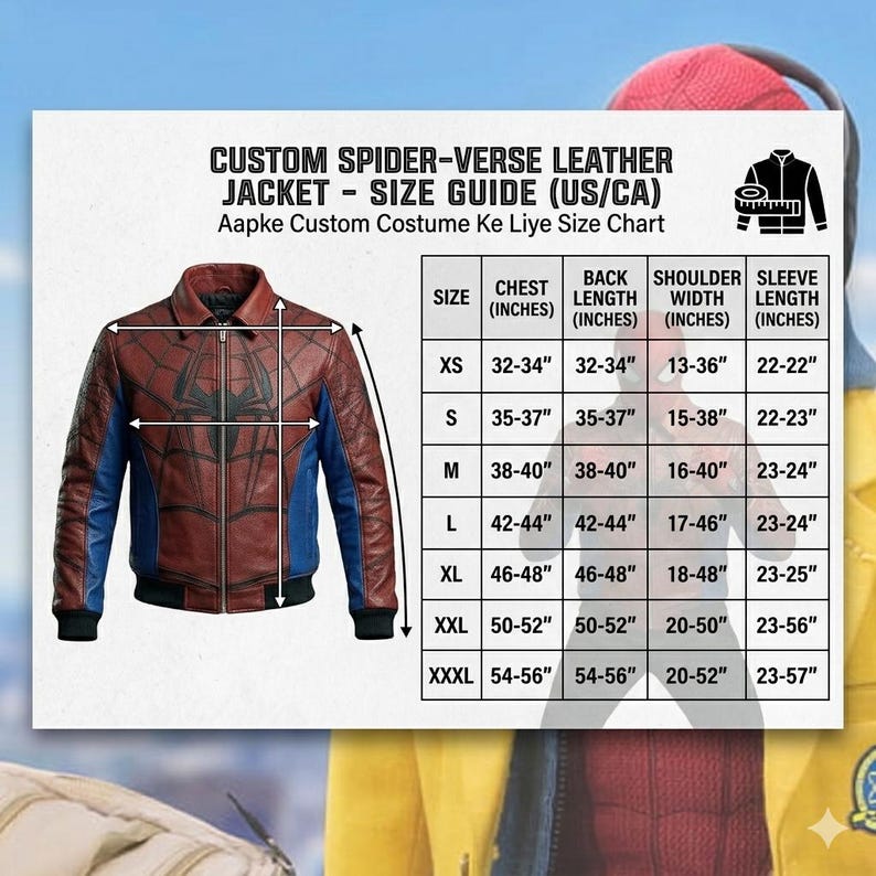 May include: A custom Spider-Verse leather jacket in brown and blue with a size guide chart. The chart provides chest, back length, shoulder width, and sleeve length measurements in inches for sizes XS to XXXL. The jacket has a zipper closure.