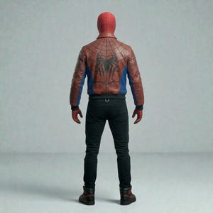 May include: A figure wearing a red and blue Spider-Man costume, including a red hood, a brown leather jacket with a spiderweb design, black pants, and red gloves and boots. The jacket has blue accents.