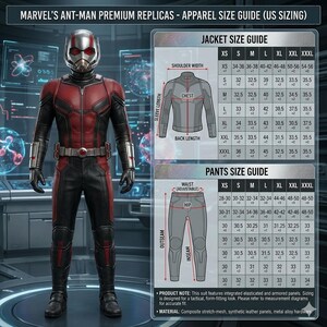 May include: A full-body image of the Ant-Man suit, a replica from Marvel's Ant-Man Premium Replicas. The suit is primarily red and black with silver accents. A size guide for the jacket and pants is displayed, with measurements in inches.