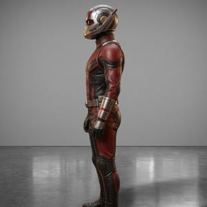 May include: A side view of a superhero costume. The costume is primarily red and black, with silver accents on the helmet, belt, and gauntlets. The helmet has a silver and gold design. The suit appears to be made of a flexible material.