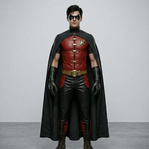 May include: A full-length shot of a person in a Robin costume. The costume features a red and black color scheme, with a red leather-like vest, black pants, and a black cape. The belt is gold, and the mask is black.