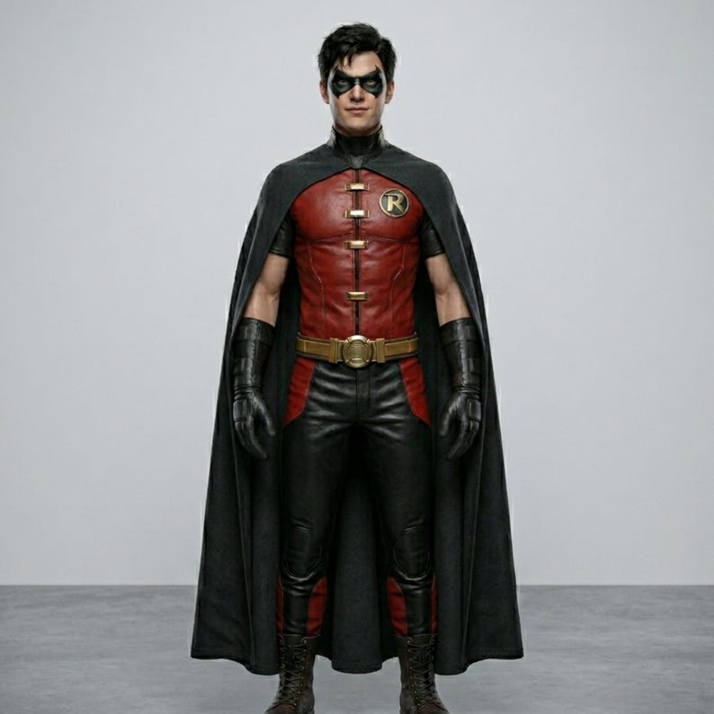 May include: A full-length shot of a person in a Robin costume. The costume features a red and black color scheme, with a red leather-like vest, black pants, and a black cape. The belt is gold, and the mask is black.