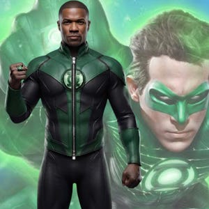 May include: A Green Lantern costume featuring a black and green jacket with a central zipper, a circular green emblem on the chest, and matching green wrist cuffs. A green ring is worn on the finger, set against a glowing green background.
