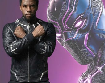 Movie Inspired Men Black Leather Jacket, Panther Style Superhero Cosplay Costume, Comic Con Outfit, Handmade Halloween Bomber jacket