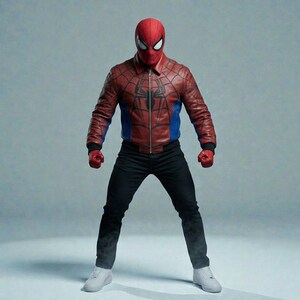 May include: A person in a Spider-Man costume, featuring a red and blue leather jacket with a black spider emblem, black pants, red gloves, a red mask with white eye lenses, and white sneakers. The jacket has a zipper closure.
