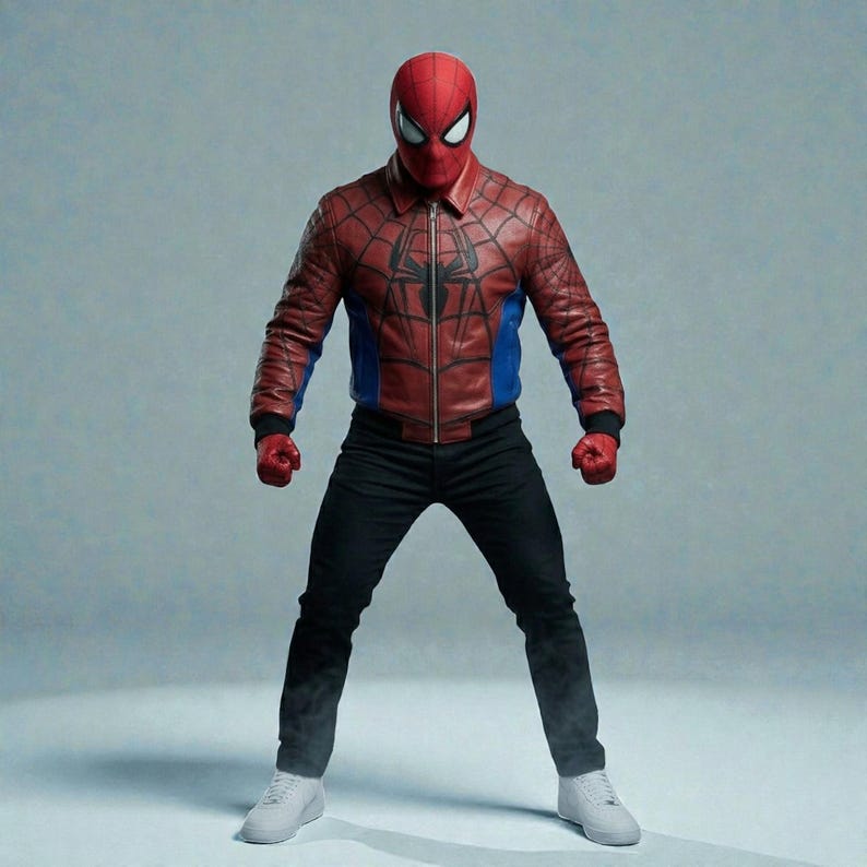May include: A person in a Spider-Man costume, featuring a red and blue leather jacket with a black spider emblem, black pants, red gloves, a red mask with white eye lenses, and white sneakers. The jacket has a zipper closure.