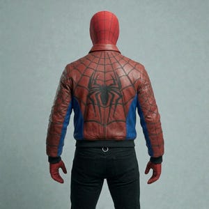 May include: Red and blue leather jacket with a black spiderweb and spider design on the back. The jacket has a bomber style with a black waistband and cuffs. The sleeves are red, and the sides are blue.
