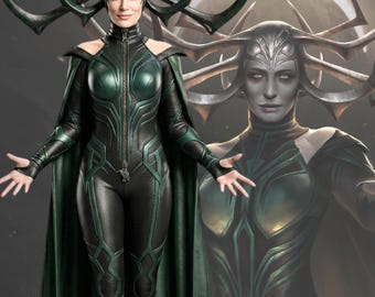 Women Leather Costume Set, Gothic Queen Jumpsuit, Halloween Villain Cosplay Outfit,Movie inspired, Green Cape Warrior Cloak Fantasy Dress Up