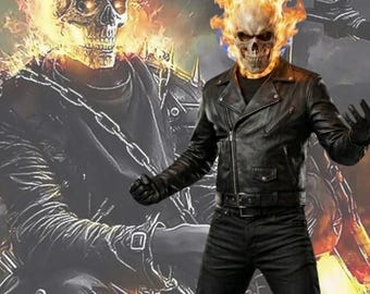 Movie inspired|Flaming Ghost Men Costume, Leather Biker Halloween Outfit, movie inspired Gothic Fire Hero Cosplay, Burning Head Rider jacket