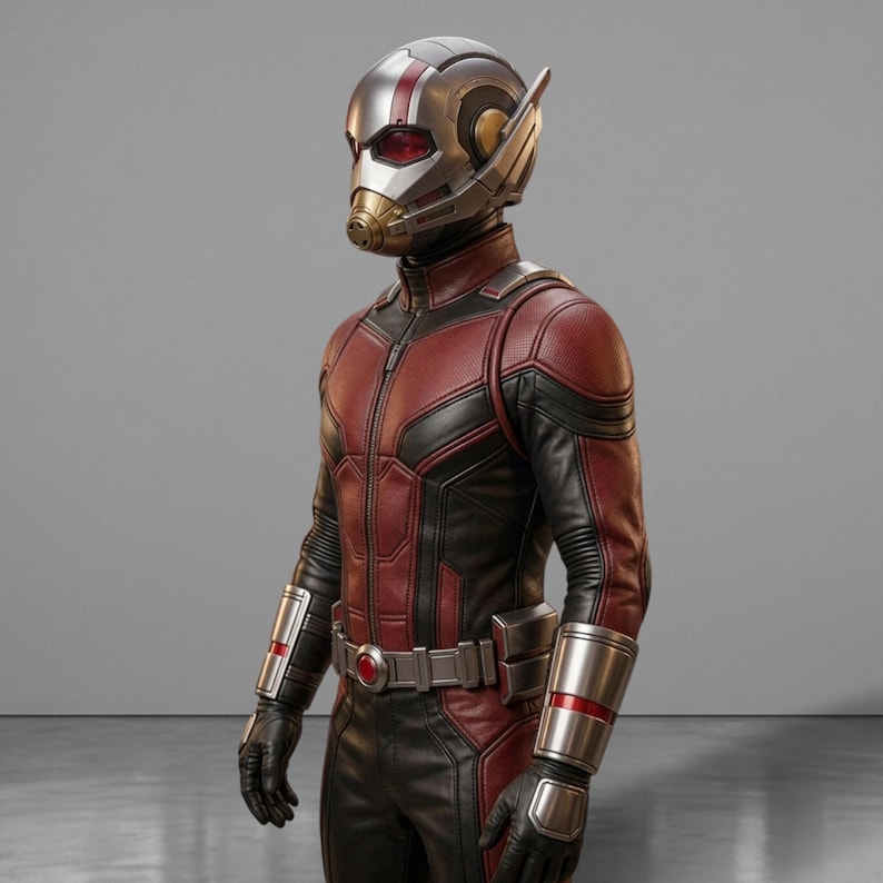 May include: A detailed costume of the Ant-Man superhero. The suit is primarily red and black, with silver accents on the helmet, gauntlets, and belt. The helmet has a silver and red stripe design. The costume features a zipper down the front.