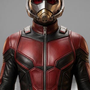 May include: A close-up of a superhero costume featuring a red and black leather-like jacket with a full-length zipper. The costume includes a metallic helmet with red lenses and a gold-colored face mask.