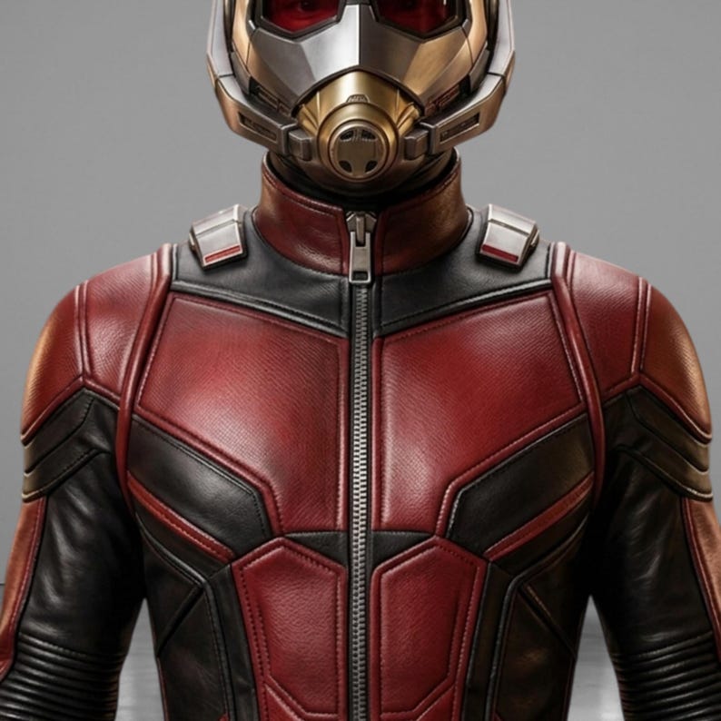 May include: A close-up of a superhero costume featuring a red and black leather-like jacket with a full-length zipper. The costume includes a metallic helmet with red lenses and a gold-colored face mask.