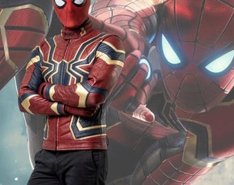 Movie Inspired Red Blue Leather Spider Style Jacket for Men, Hero Cosplay Costume, Superhero Biker Jacket, Halloween Comic Con Outfit