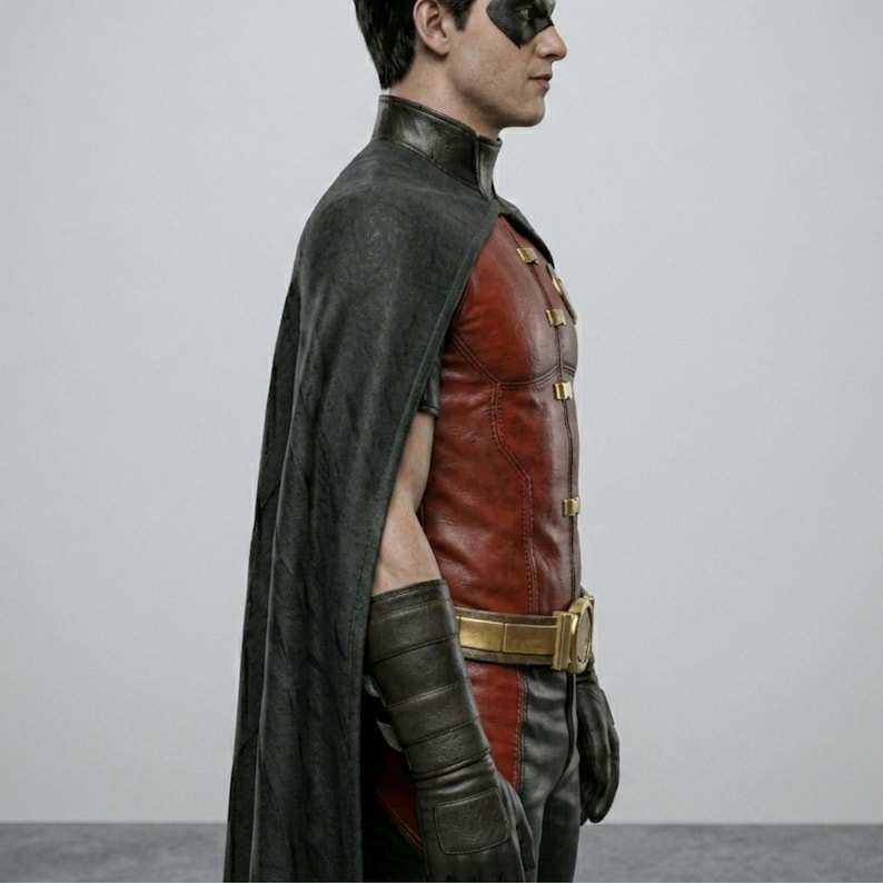 May include: A costume featuring a red and black color scheme. The outfit includes a red leather-like vest with gold accents, a black cape, and matching gloves. A gold belt cinches the waist. The character is wearing a black mask.